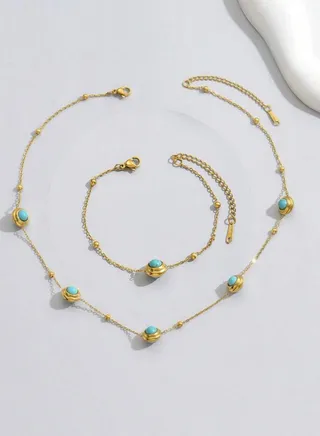 Elegant Stainless Steel Gold Plated Necklace & Bracelet Jewellery Set For Women Inlaid With Turquoise Stone 