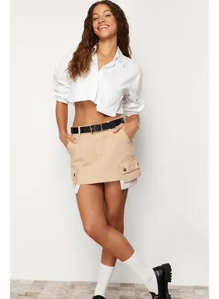 Beige Cargo Pocket Low Waist Mini Denim Skirt TWOSS24ET00076 