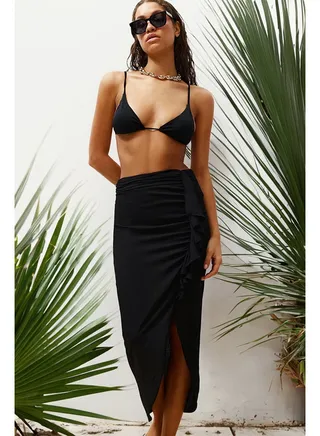 Black Midi Woven Flounce Skirt TBESS24ET00015 