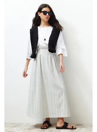 Ecru Striped Linen Look Woven Skirt with Pocket Detail 