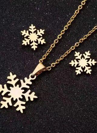18K Gold Plated Stainless Steel Snowflake Necklace Earrings Set 