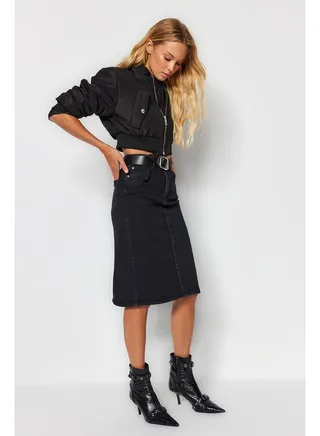 Black High Waist Midi Pencil Denim Skirt TWOSS21ET0297 