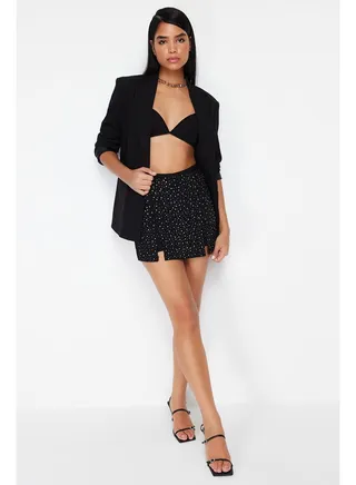 Black Shiny Jewelled Shorts Skirt TPRSS24ET00007 