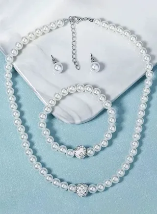Faux Pearl Earrings, Bracelet & Necklace Jewelry Set