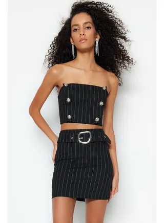 Weave Sparkly Striped Skirt With Black Belt TPRSS23ET00020 