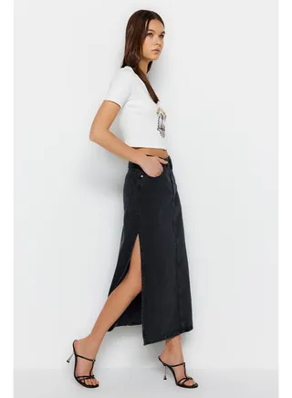 Anthracite High Waist Maxi Denim Skirt With a Slit TWOSS23ET00109 