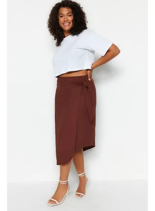 Brown Side Tied Wrap Knitted Skirt TBBSS23AZ00014 