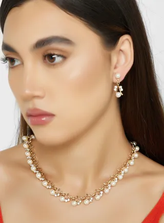 Cz Pearl Necklace & Earring  Set