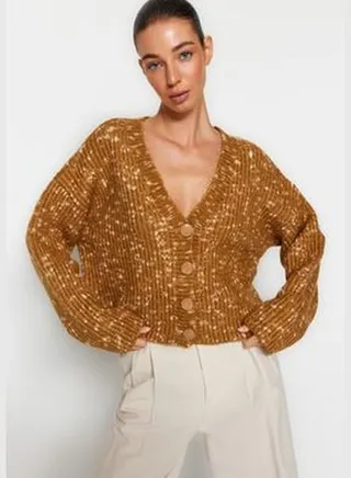 Brown Soft Textured Knotted Knitwear Cardigan TWOAW24HI00053