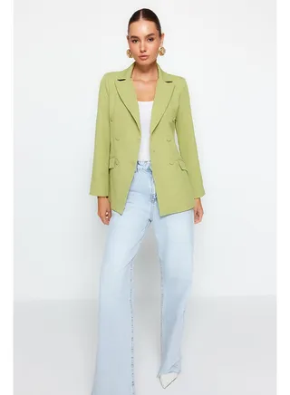 Pistachio Green Regular Lined Double Breasted Closure Woven Blazer Jacket TWOSS21CE0137 