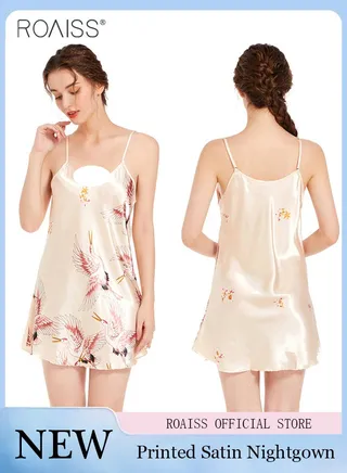 Ice Silk Satin Suspender Nightgown For Women'S Summer Daily Printed V-Neck Adjustable Shoulder Straps Home Wear 