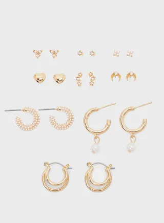 Set Of 9 Embellished Stud And Hoop Earrings