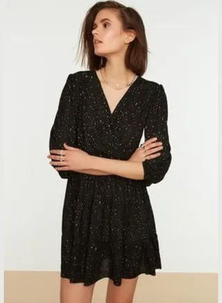 Black Printed Skater/Water Open Double Breasted Collar Mini, Flexible Knit Dress TWOAW22EL0104