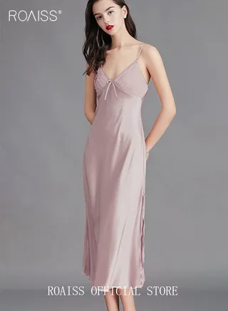 Women V-neck Lace Nightdress Long Silk Suspender Dress Solid Loungewear Textured Sleepwear Pajamas Ladies Satin Loose Nightgown Female Loungewear Lotus Pink 