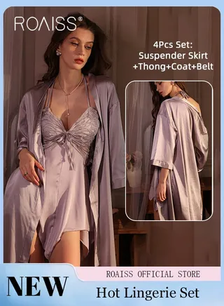 4Pcs Butterfly Halter Neck Nightgown for Women Satin Lace Mesh Transparent Suspender Pajamas Ice Silk Lace up Front Backless Deep V Nightdress Ladies Luxury French Style Loungewear 