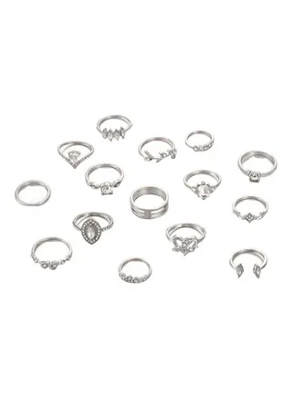 15Pcs/Set Boho Women Rhinestone Leaf Heart Geometric Finger Ring Jewelry Gift 