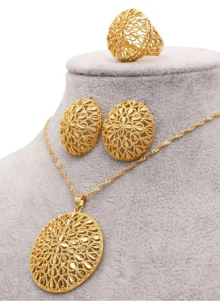 18k Gold Plated Necklace & Earrings & Ring Jewelry Set For Women 