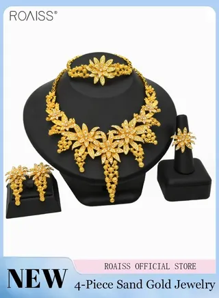 Multi Piece Golden Bride Jewelry Necklace Earrings Rings Bracelets Headwear Middle Eastern Bride Set 