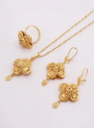 18k Gold Plated Necklace & Earrings & Ring Jewelry Set For Women 
