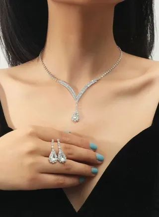 Silver Plated Cubic Zirconia Necklace & Earrings Jewelry Set For Women 