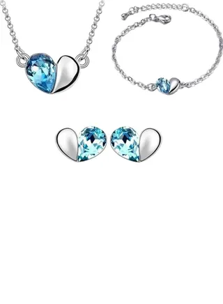 Romantic Azure Blue Heart Necklace, Bracelet and Earrings Set 