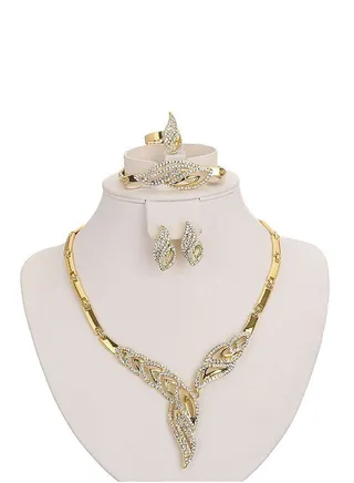 Set Of 4 Crystal Gold Plated Bridal Necklace Jewellery Set 
