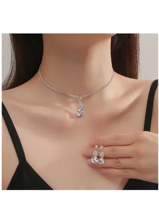 3pieces Jewelry Set With Necklace and Earring Crystal Bridal Wedding Jewelry Set Bridesmaid Party Choker Necklace Water Drop Pendant Earrings Sets for Women and Girls 