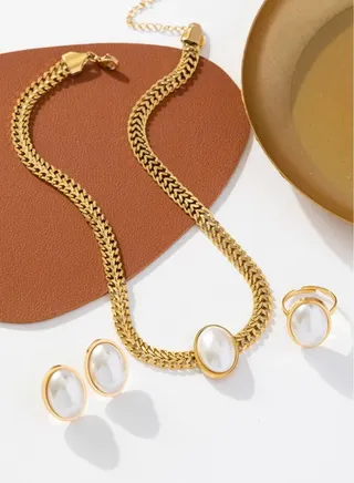 Luxury Stainless Steel Gold Plated Necklace & Earrings & Ring Jewellery Set For Women 