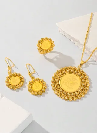 21k Gold Plated Necklace & Earrings & Ring Jewelry Set For Women 