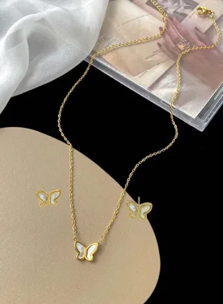 Gold Plated Stainless Steel Women's Necklace And Earrings Accessories Set 