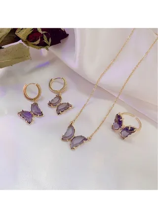 Butterfly Element Titanium Steel Butterfly Earrings Necklace Ring Three-Piece Set 