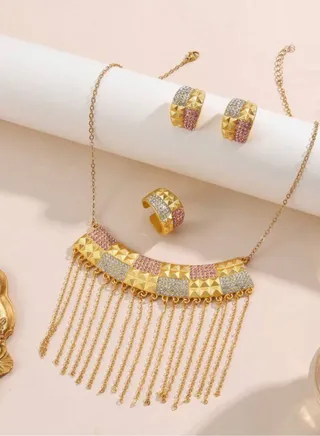 Luxury Gold Plated Necklace & Earrings & Ring Jewelry Set For Women 