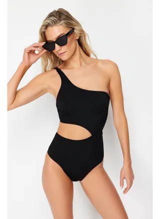 Black One-Shoulder Cut Out/Windowed Swimsuit TBESS24MY00005 