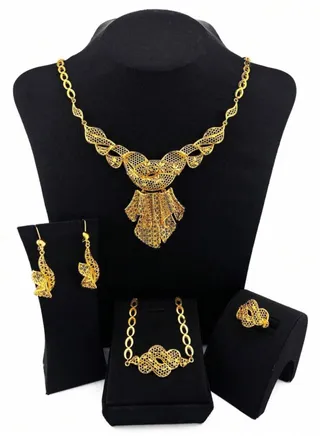 18k Gold Plated Necklace & Earrings & Bracelet & Ring Jewelry Set For Women 