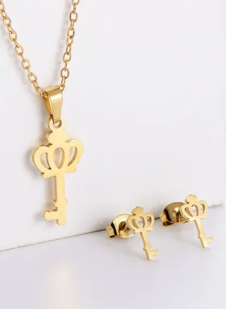 Crown Key Stainless Steel Necklace Set 