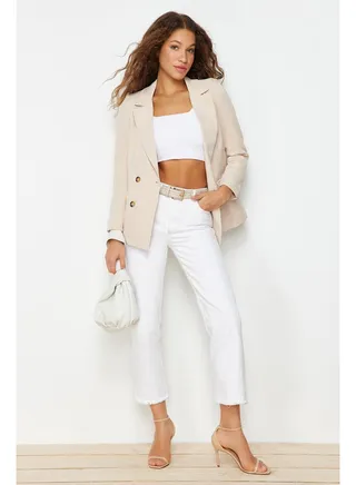Beige Regular Lined Double Breasted Blazer with Closure TWOSS21CE0107 
