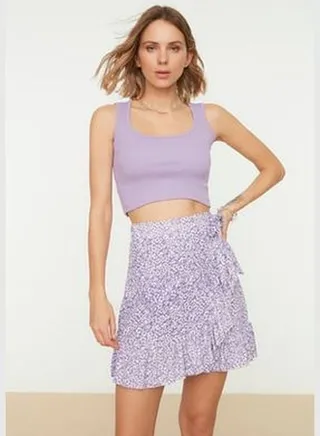 Lilac Printed Ruffle High Waist Mini, Stretchy Knitted Skirt TWOSS21ET0010