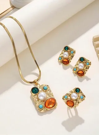 Luxury & Elegant 18k Gold Plated Necklace & Earrings & Ring Jewelry Set For Women 