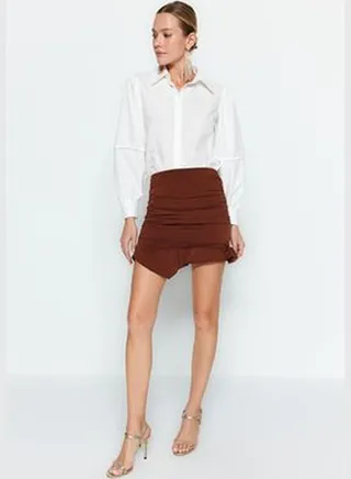 Brown Fitted Knitted Draped Skirt TPRAW24ET00003