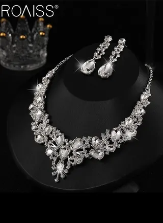 ROAISS 2 Pieces Of Haoshi Bride Jewelry Fashion Atmosphere Full Diamond Banquet Jewelry Silver Evening Dress Accessories 