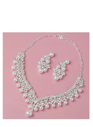 Bridal Necklace Earrings Three Piece Pearl Tiara Crown Bridal Jewelry Wedding Dress 