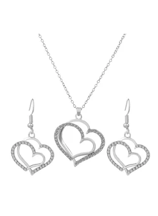 Vintage Cutout Heart Pendant Necklace Earrings Set 