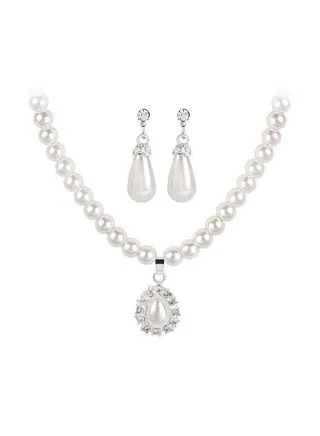 2-Piece Droplet Shape Alloy Jewellery Set With Pearl And Crystal Elegant Women Lady Party Banquet Necklace Set 