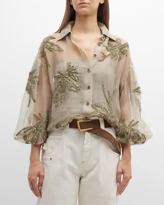 Marine Flower Paillette Crispy Silk Chiffon Blouse With Tube Top Liner