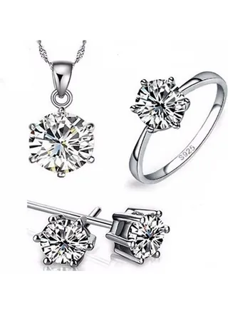 4-Piece Fashion Silver Jewelry Necklace With Earrings And Ring Set 
