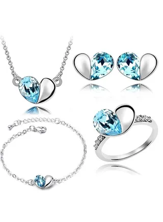 4-piece  Romantic Azure Blue Heart Necklace, Bracelet，Ring and Earrings Set 