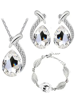 Rhinestone Pendant Necklace Bracelet Earrings Jewelry Set 