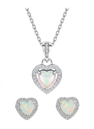 925 Sterling Silver Heart Pendant Necklace And Earrings Set With Opal 