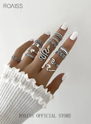 13 Pcs Vintage Rings Set Snake Shape Heart Flowers Finger Joint Knuckle Jewellery for Women Girls Silver 