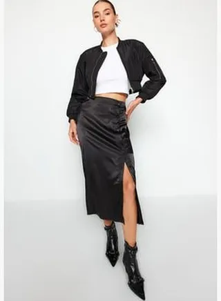 Black Button Detailed Satin Fabric Midi Skirt TWOAW24ET00230